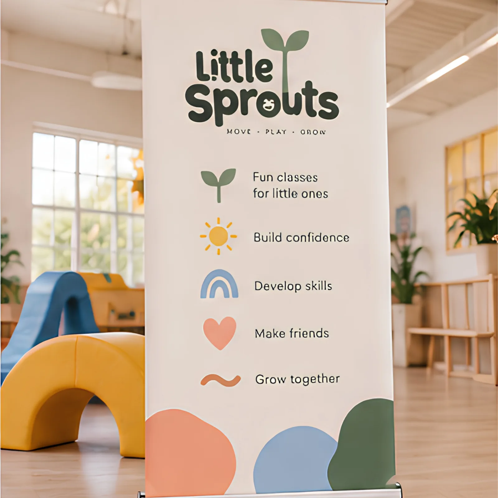 A Little Sprouts banner in a bright play studio listing the brand's benefits