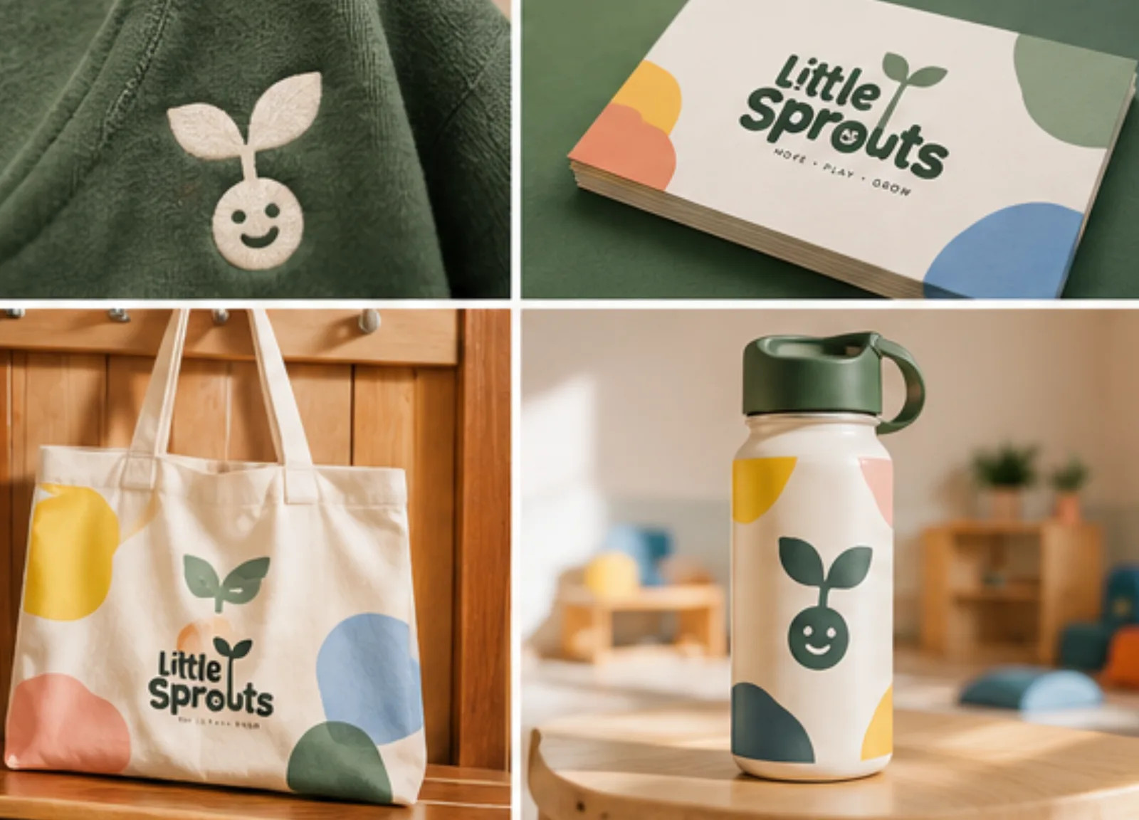 Little Sprouts branded tote bag, water bottle, card and sweatshirt